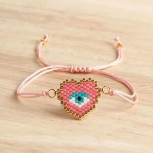 Miyuki Delica Pink Heart Shaped Evil Eye Seed Bead Bracelet